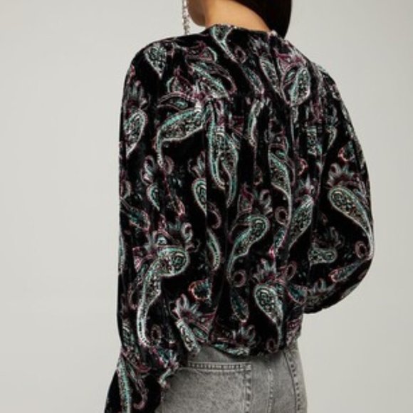 Isabel Marant Paisley Printed Velvet Exaggerated Shoulder Cropped Blouse - Picture 2 of 6